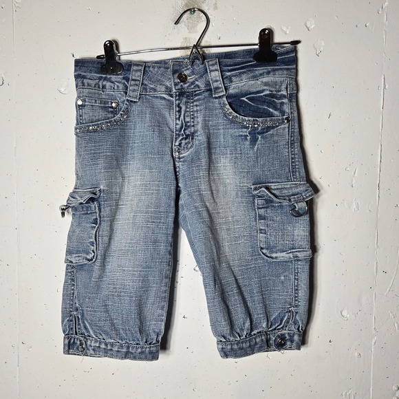 Apollo Pants - Apollo Rhinestone Cargo Bermudas Denim Jeans 5/6 Y2K Low Rise Cyber McBling Gorp